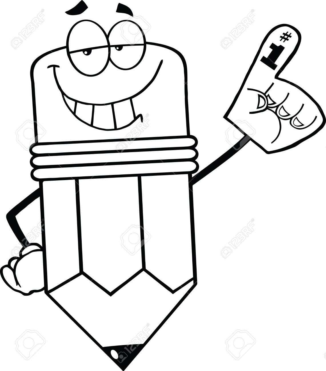 1141x1300 Outlined Smiling Pencil Cartoon Character With Foam Finger Royalty