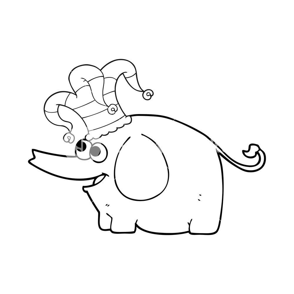 1000x1000 Freehand Drawn Black And White Cartoon Elephant Wearing Circus Hat