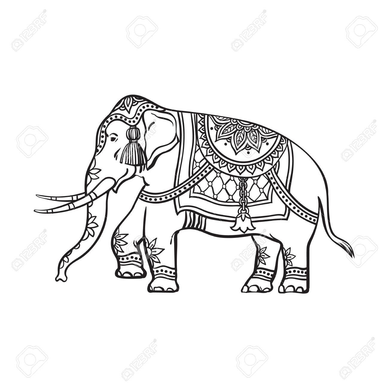 1300x1300 Vector Sketch Cartoon Indian Decorated Oriental Elephant. Isolated