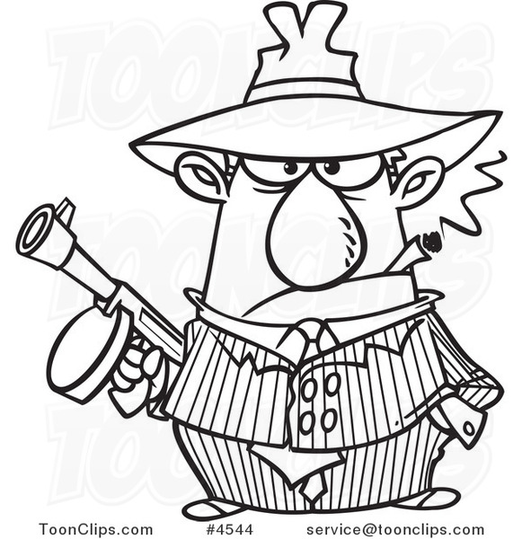 581x600 Cartoon Black And White Line Drawing Of A Gangster Holding A Gun