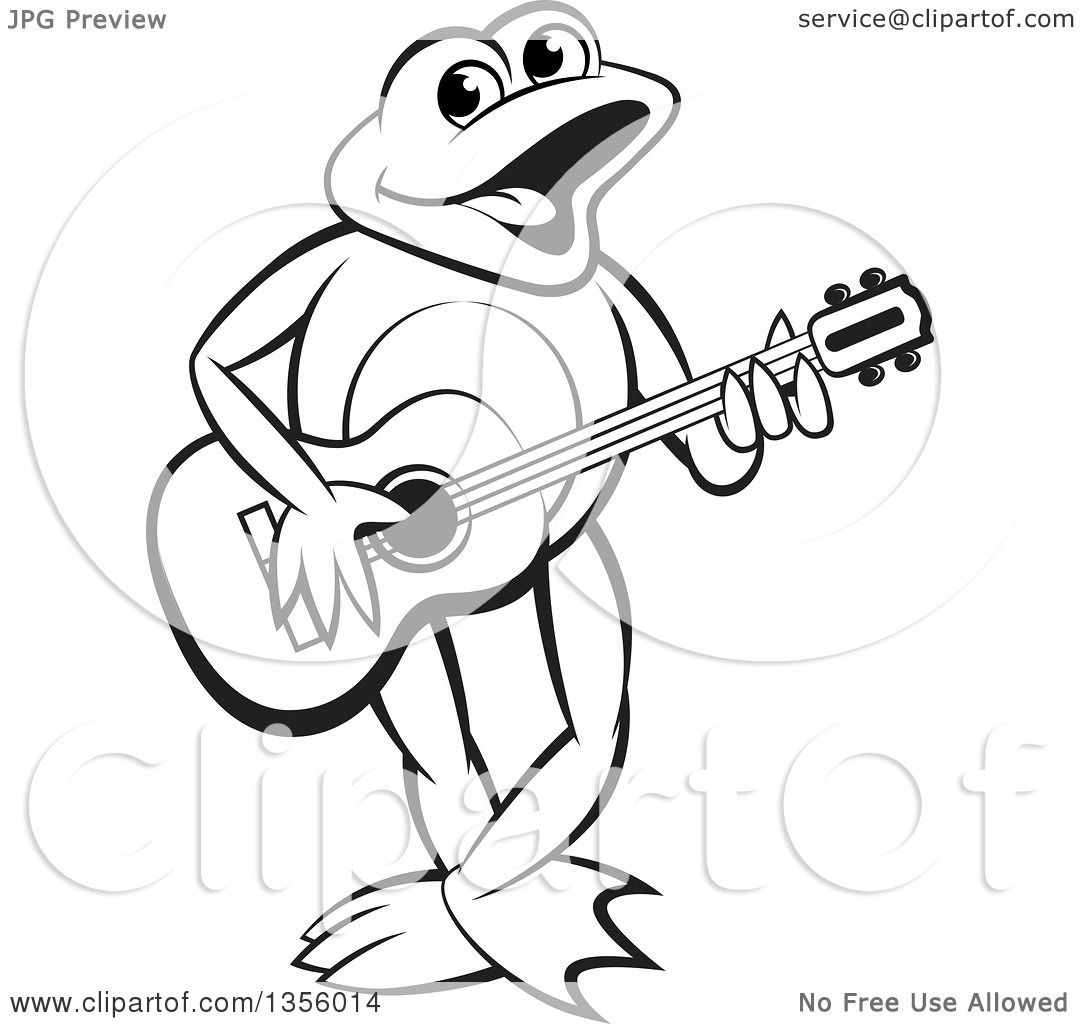 1080x1024 Clipart Of A Cartoon Black And White Frog Playing A Guitar