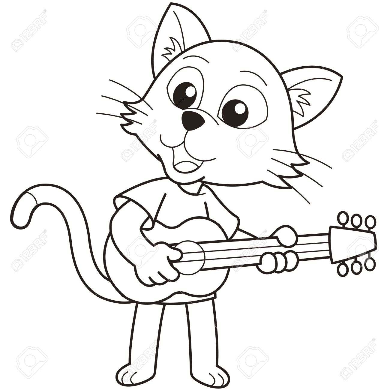 1300x1300 Cartoon Cat Playing A Guitar Black And White Royalty Free Cliparts