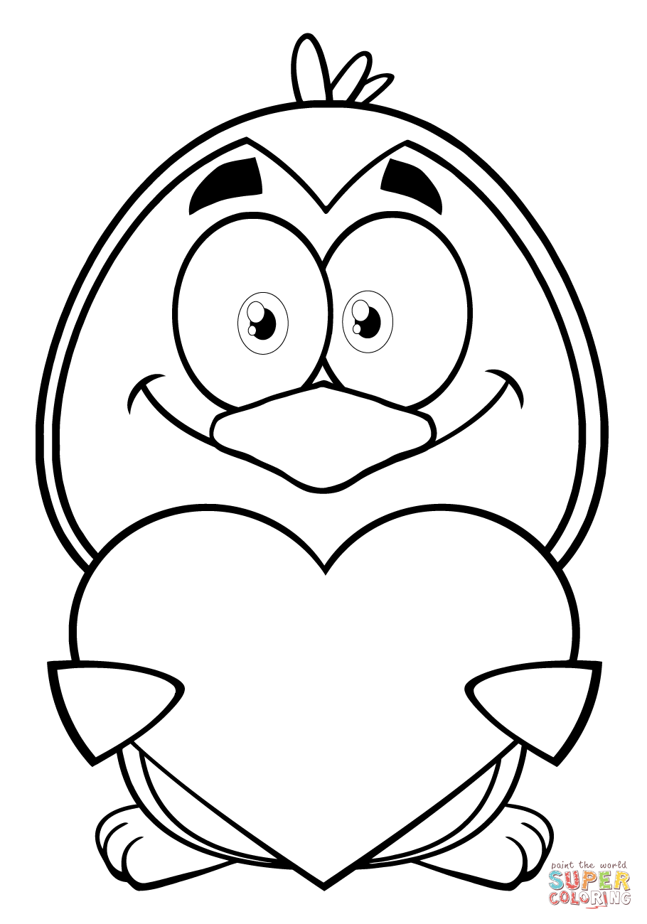 910x1300 Penguin Cartoon Character Holding A Valentine Heart Coloring Page