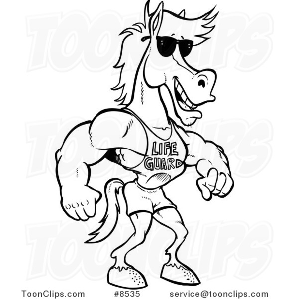 581x600 Cartoon Black And White Line Drawing Of A Studly Lifeguard Horse
