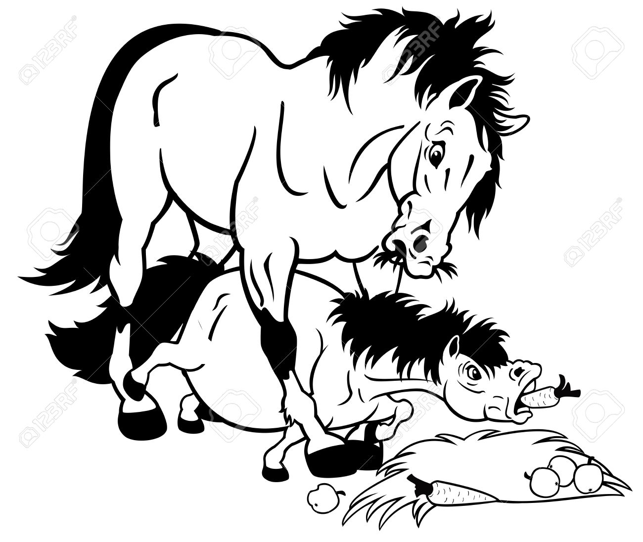 1300x1096 Cartoon Horse And Pony,black And White Illustration For Children