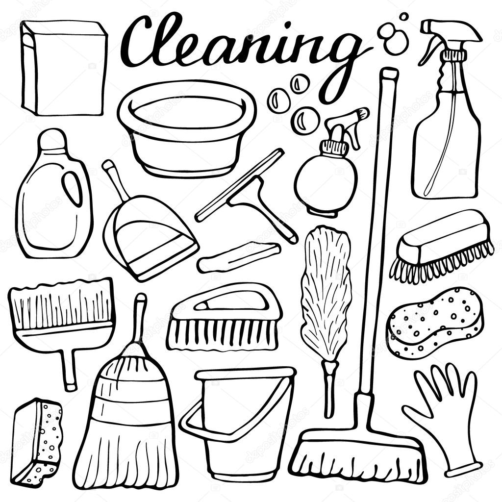 1024x1024 Cleaning Tools Set. Hand Drawn Cartoon Collection Of House