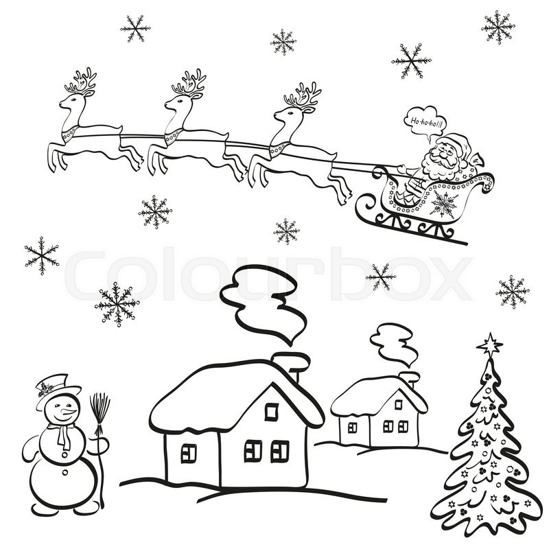 800x800 Holiday Cartoon, Santa Claus Flying In A Snowy Sky In A Sleigh