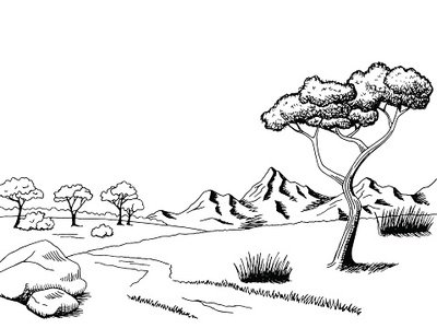 400x300 Savannah Pathway Graphic Art Black White Landscape Sketch