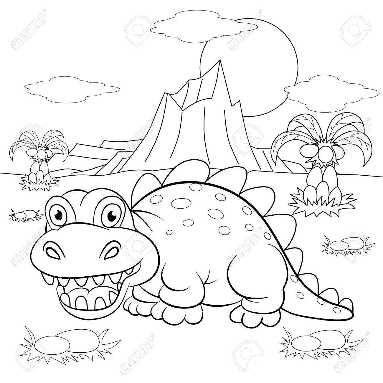 1300x1300 Coloring Book. Funny Dinosaur In A Prehistoric Landscape. Cartoon