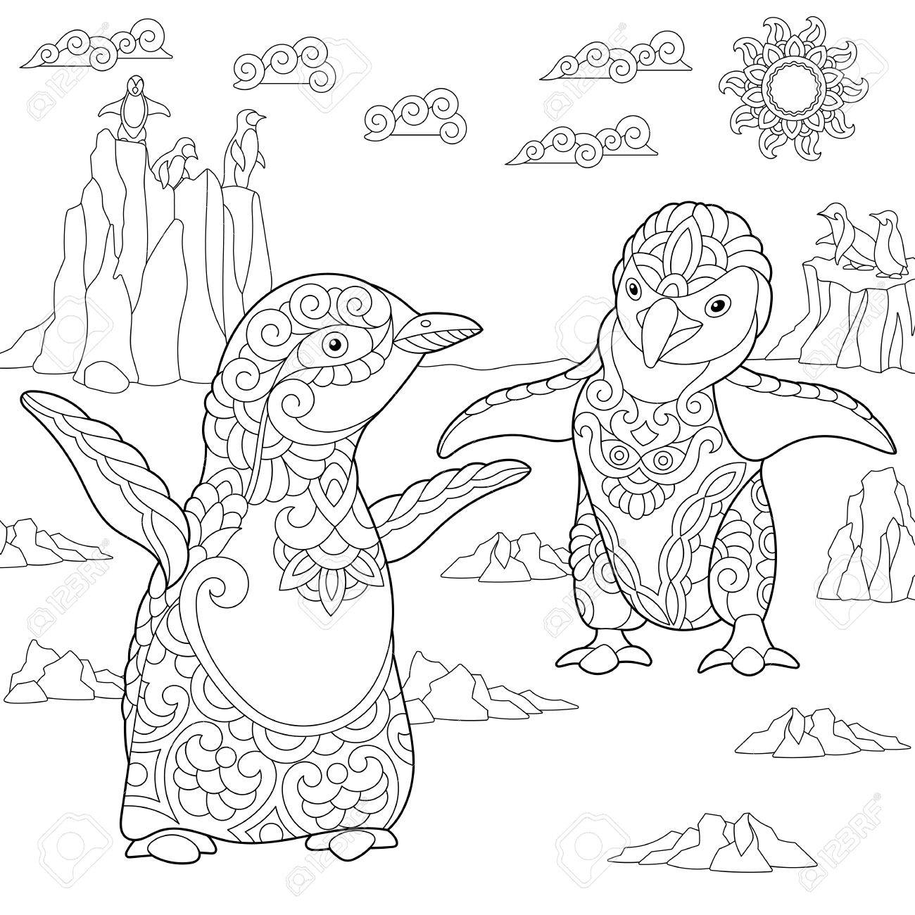 1300x1300 Coloring Page Of Young Penguins Among Arctic Landscape. Freehand
