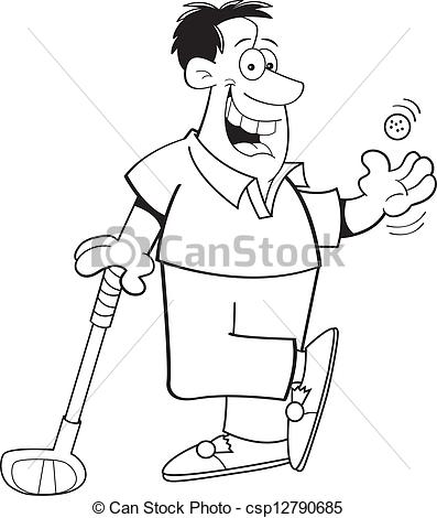 397x470 Cartoon Man Playing Golf (Black And. Black And White Vector