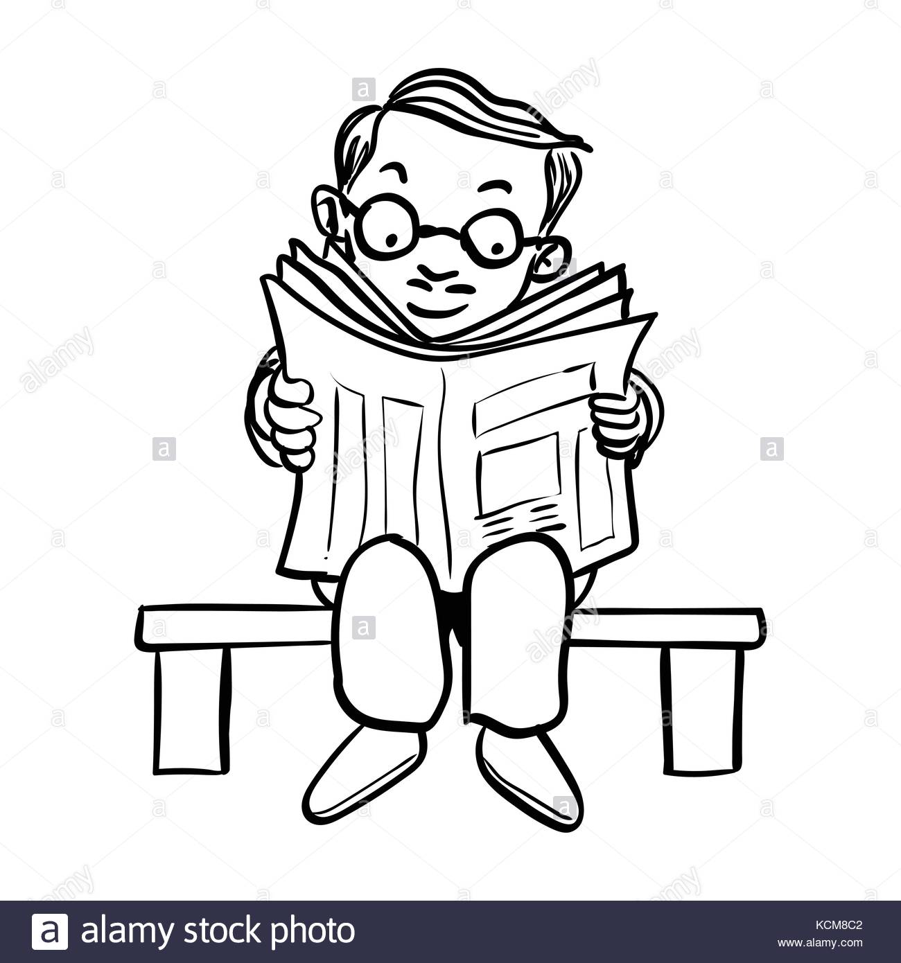1300x1390 Hand Drawing Of Cartoon Man Wear Glasses Read News Paper On Bench