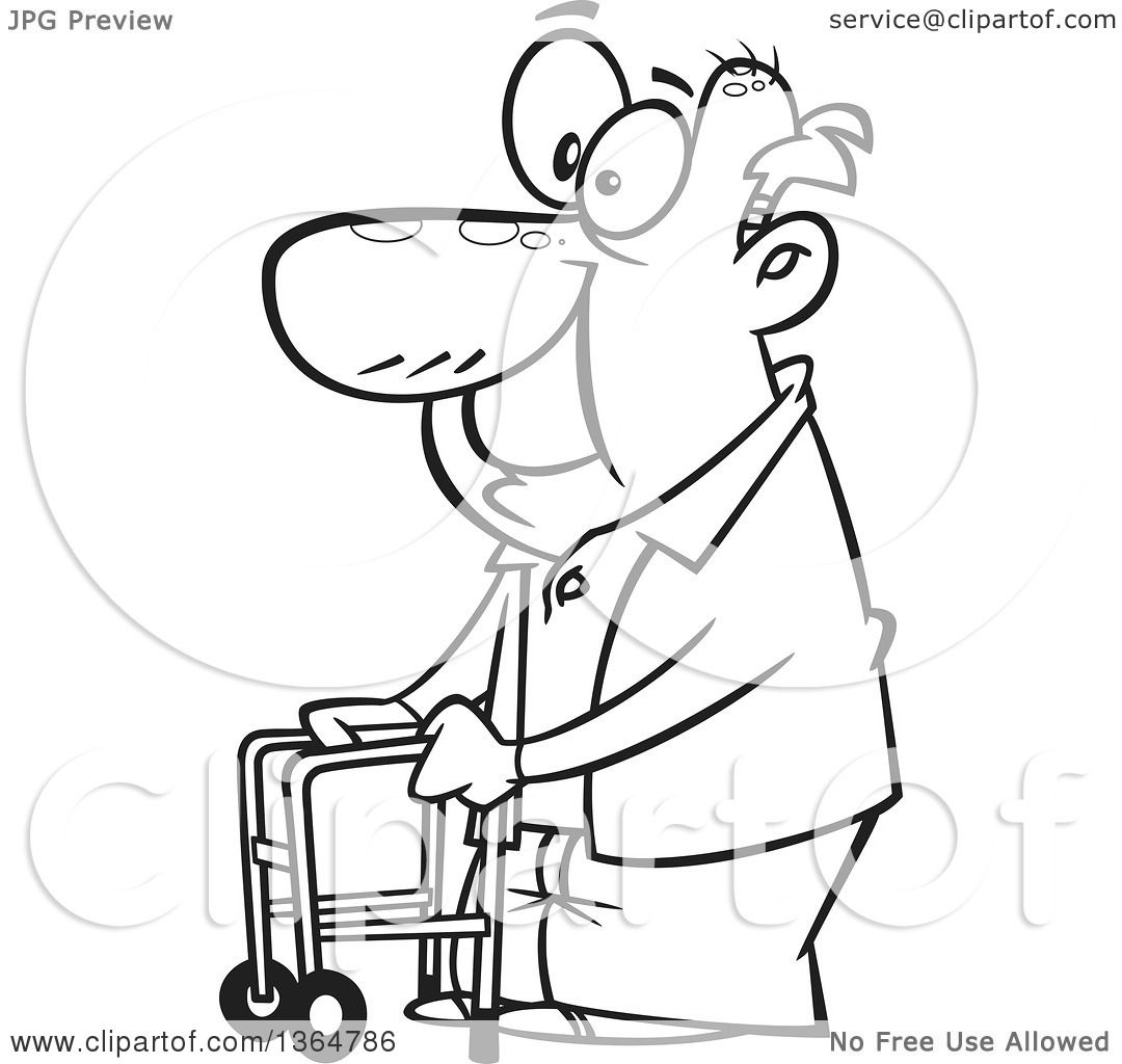 1080x1024 Cartoon Clipart Of A Black And White Happy Old Man Using A Walker