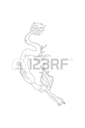 300x450 Line Art Mermaid. Cartoon Mermaid Or Siren. Sea Theme. Drawing