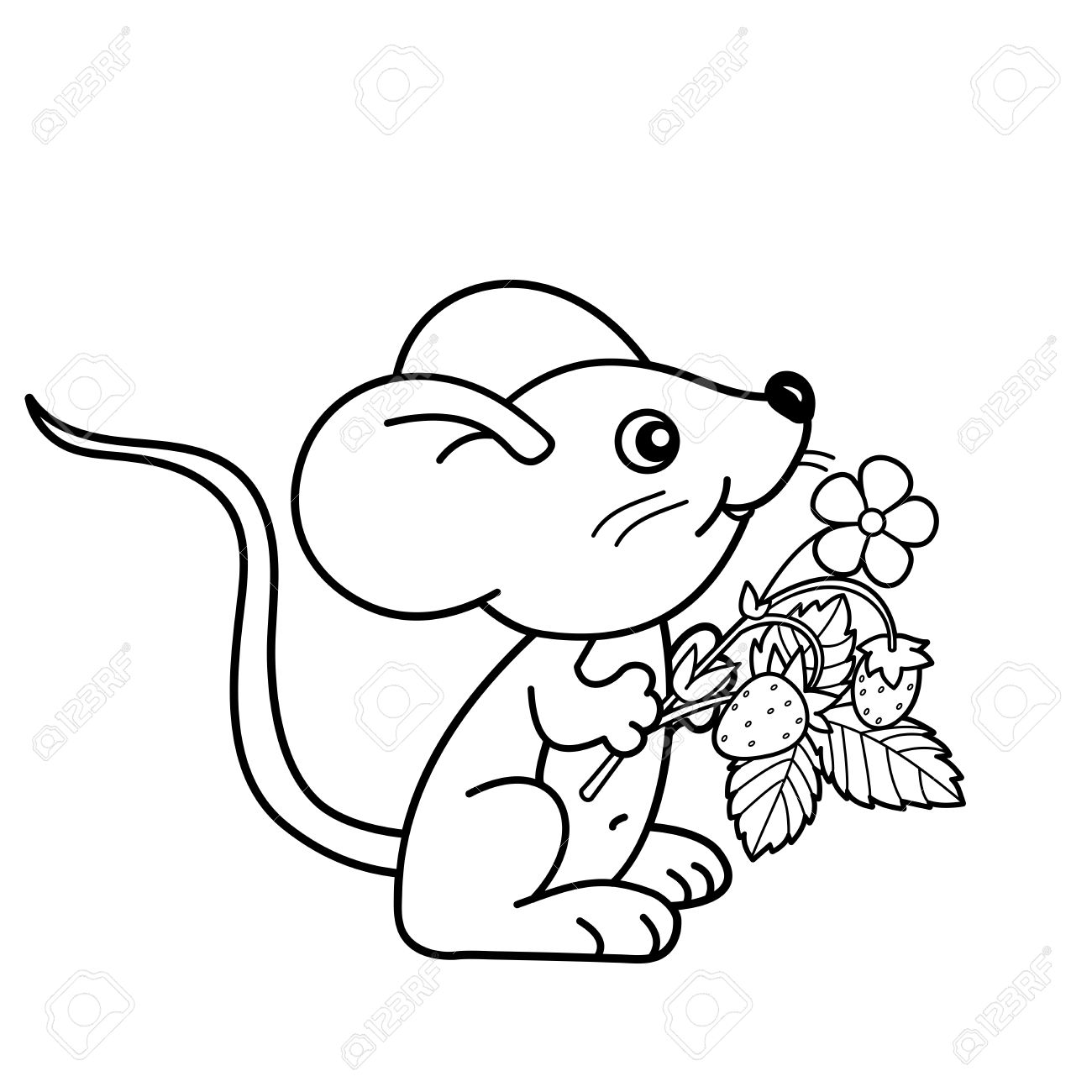 1300x1300 Coloring Page Outline Of Cartoon Little Mouse With Strawberries