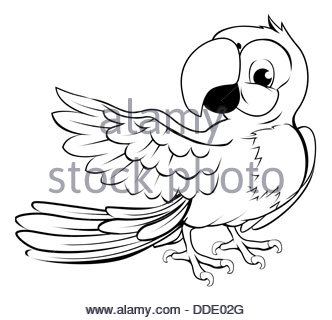 332x320 Cartoon Parrot Character In Black Outline Pointing With Its Wing