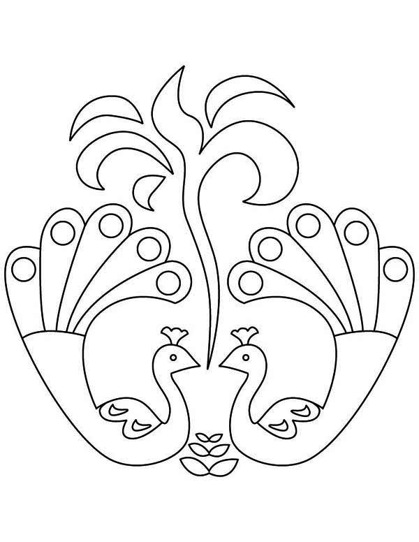 600x776 Beautiful Peacock Rangoli Design Coloring Page