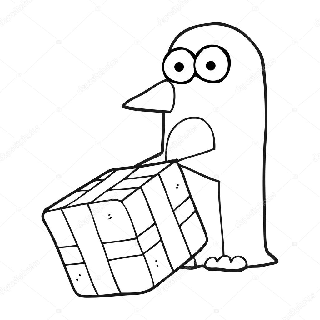 1024x1024 Black And White Cartoon Penguin With Christmas Present Stock