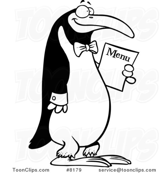 581x600 Cartoon Blacknd White Line Drawing Of Waiter Penguin Holding