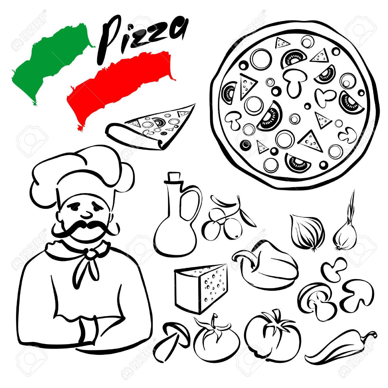 1300x1300 Pizza Collection Sketch Cartoon Vector Illustration Royalty Free