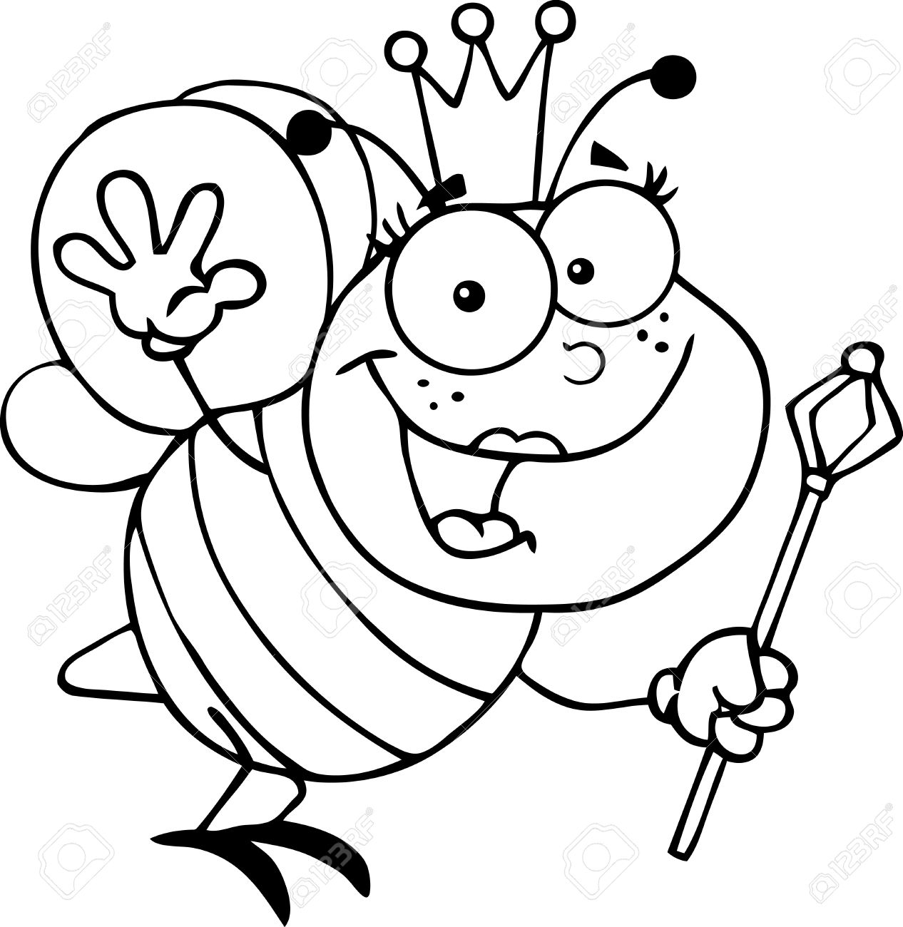 1266x1300 Outlined Queen Bee Cartoon Character Waving For Greeting Royalty