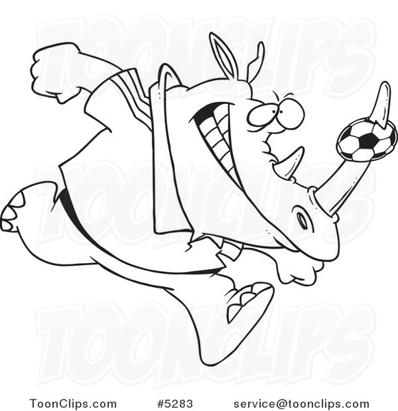 581x600 Cartoon Black And White Line Drawing Of A Rhino With A Soccer Ball
