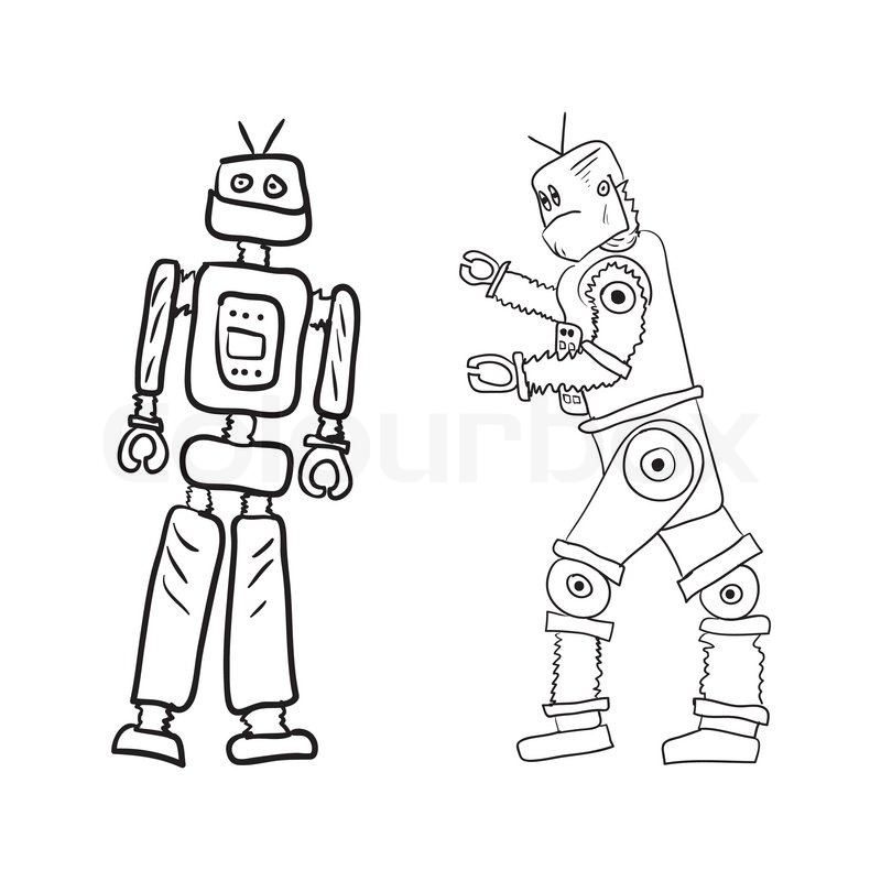 800x800 Vector Drawing Of Two Robots In Different Poses Stock Vector
