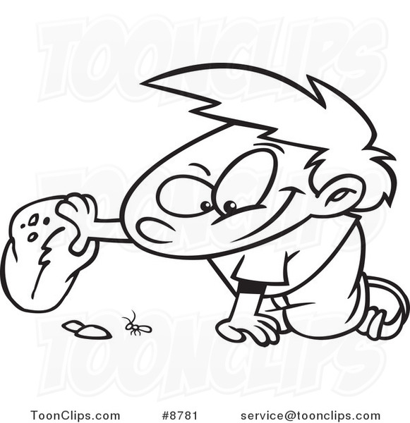 581x600 Cartoon Black And White Line Drawing Of A Boy Watching A Bug Under
