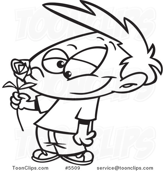 581x600 Cartoon Black And White Line Drawing Of A Boy Holding A Red Rose