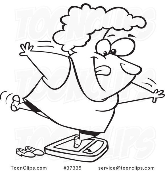 581x600 Cartoon Outlined Fat Lady Trying To Trick The Scale While Weighing