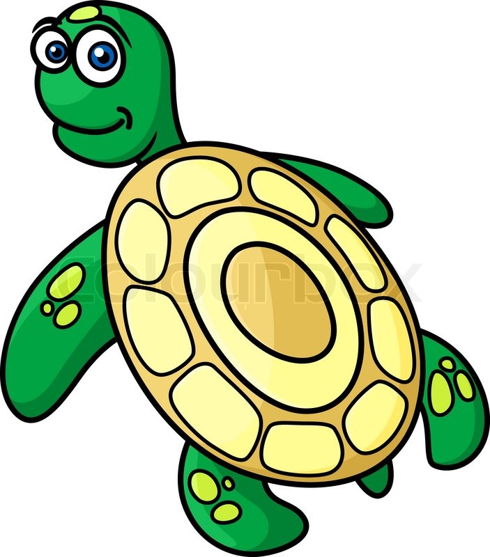 703x800 Rear View Of Cute Green Sea Turtle With Yellow Shell In Cartoon