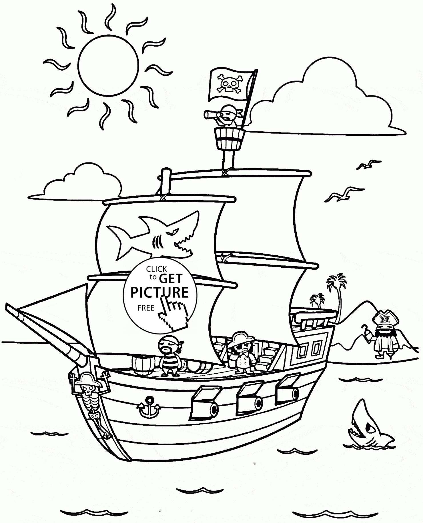 1480x1831 Cartoon Pirate Ship Coloring Page For Kids, Transportation