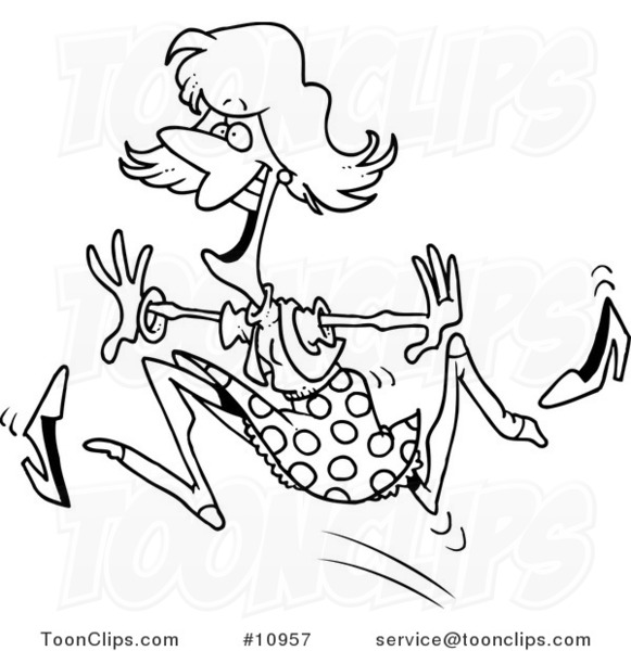 581x600 Cartoon Black And White Line Drawing Of A Lady Running And Losing