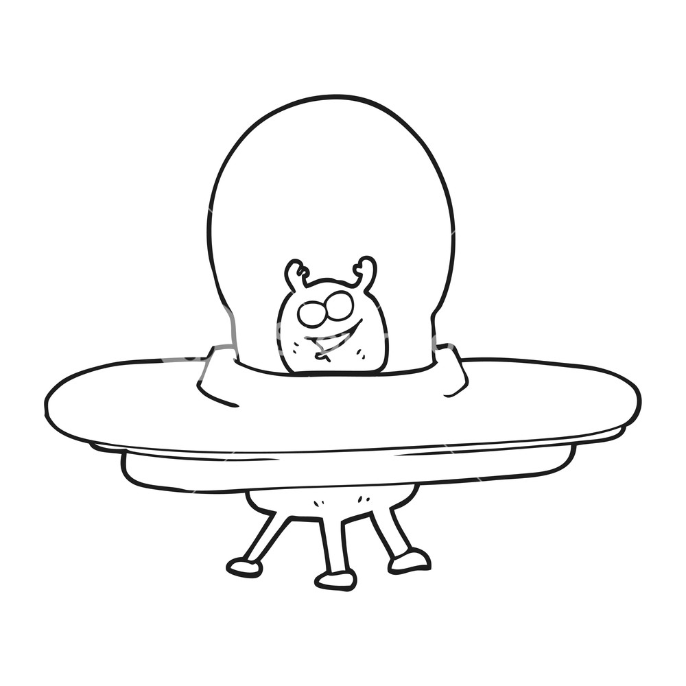 1000x1000 Freehand Drawn Black And White Cartoon Spaceship Royalty Free