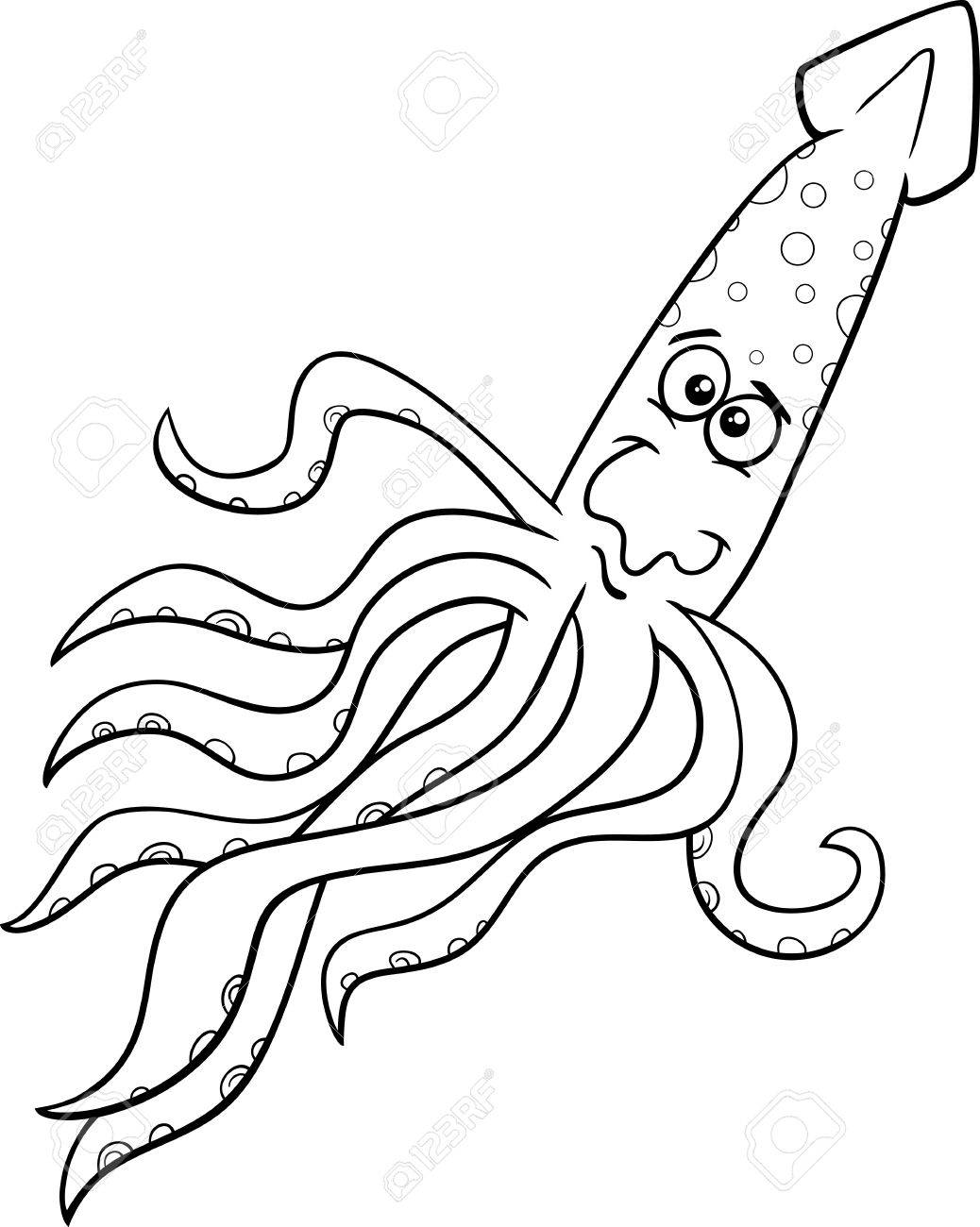 1038x1300 Black And White Cartoon Illustration Of Funny Squid Sea Animal