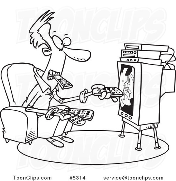 581x600 Cartoon Black And White Line Drawing Of A Guy Holding Many Remotes