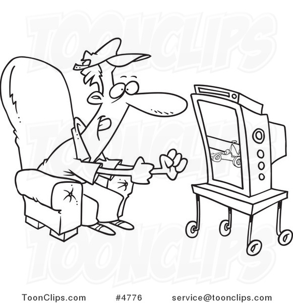 581x600 Cartoon Black And White Line Drawing Of A Race Fan Watching Tv