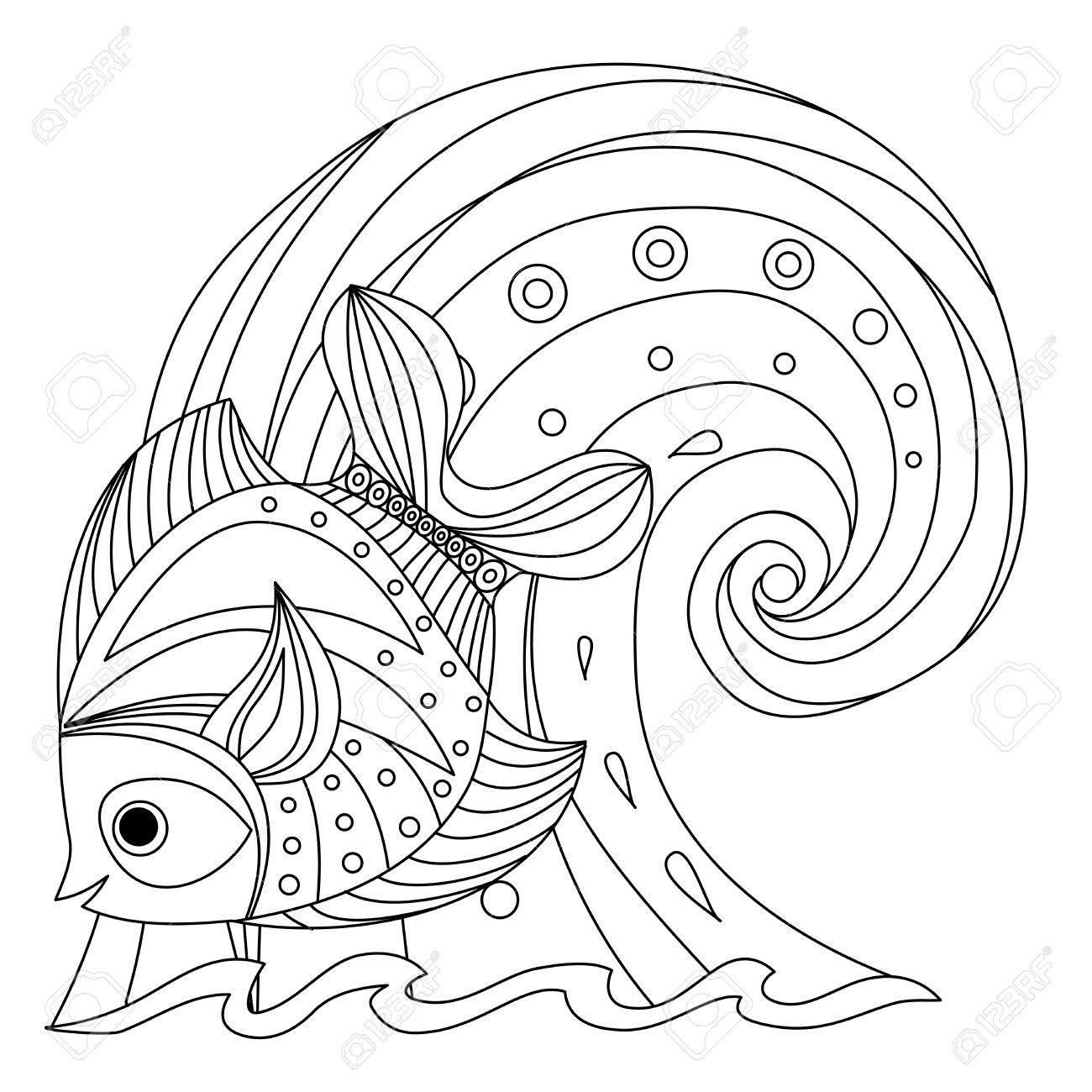 1300x1300 Coloring Page Fish And Wave Vector Illustration Royalty Free
