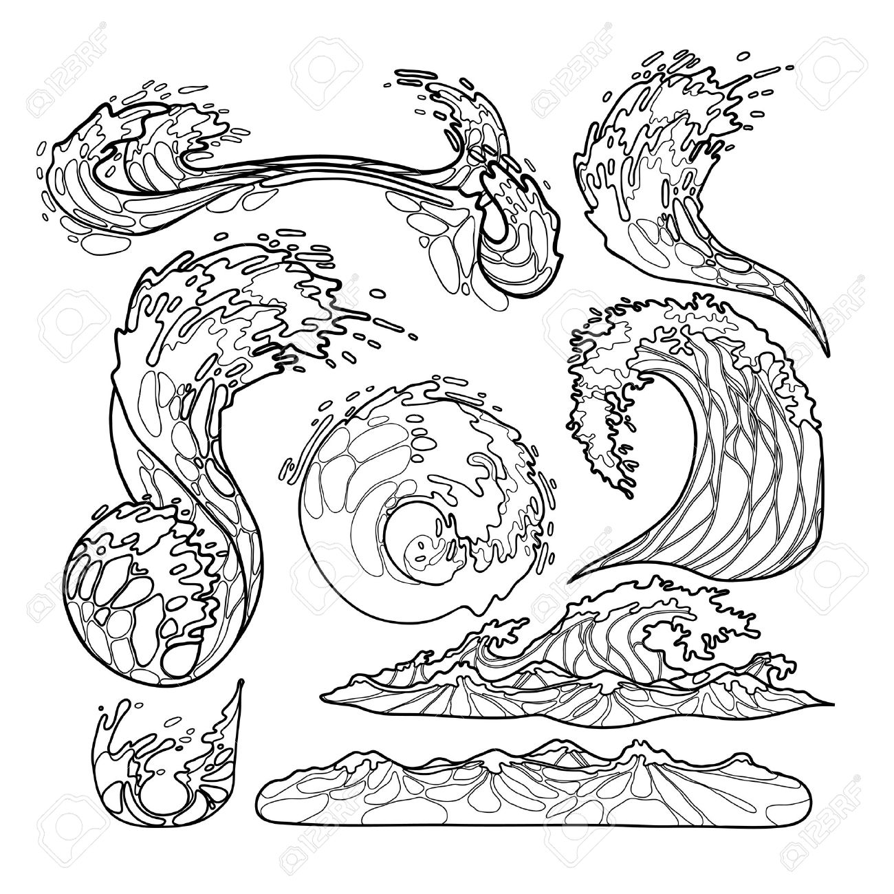1300x1300 Ocean Storm Waves Collection Drawn In Line Art Style. Tsunami