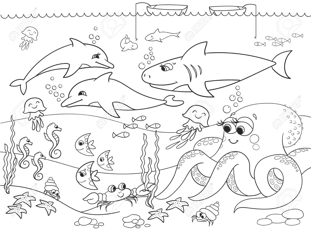 1300x975 Seabed With Marine Animals. Raster Coloring For Kids, Cartoon