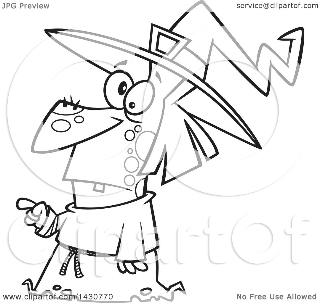 1080x1024 Clipart Of A Cartoon Black And White Lineart Warty Witch Pointing