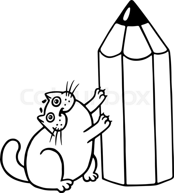 724x800 Cute Fat Cat And Big Pencil. Cartoon Cool Character. Contour