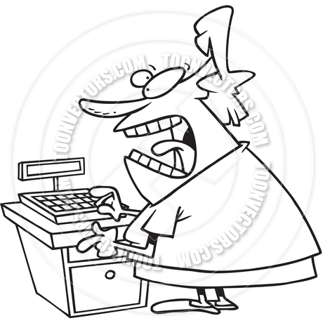 460x460 Cartoon Angry Cashier (Black And White Line Art) By Ron Leishman