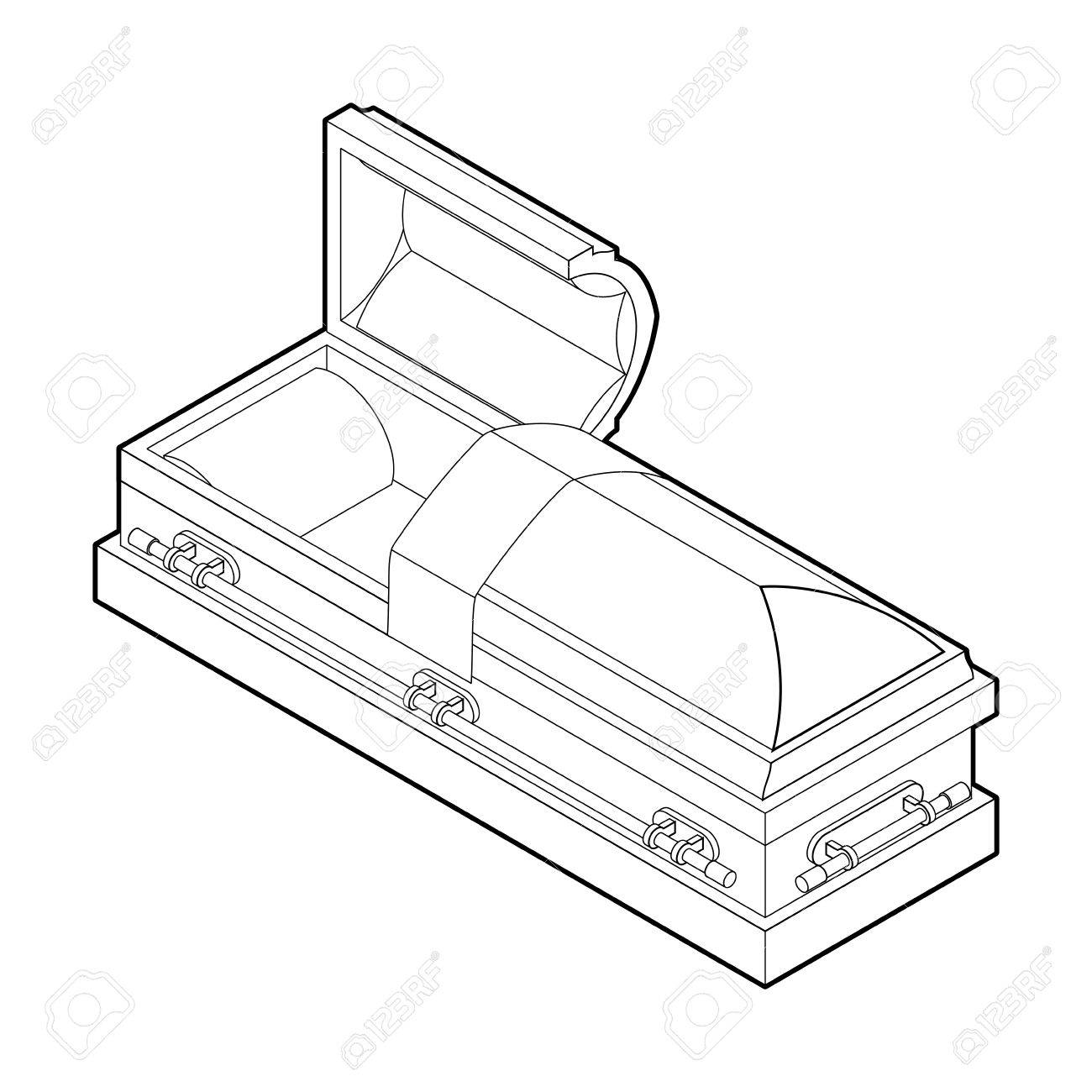 1300x1300 Open Coffin In Linear Style. Wooden Casket For Burial. Red Hearse