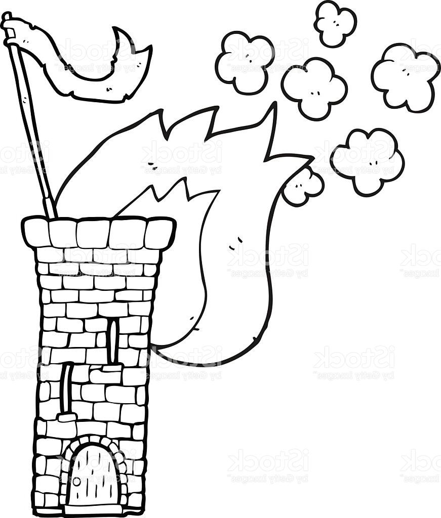 871x1024 Unique Black And White Cartoon Old Castle Tower Waving Flag Vector