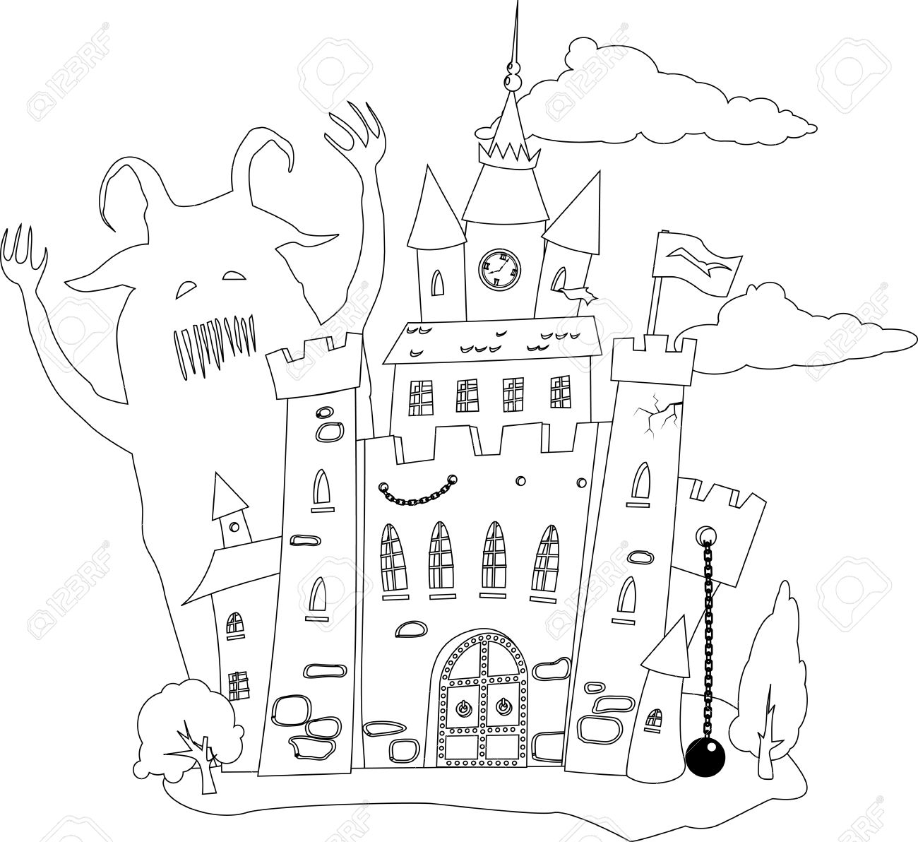 1300x1192 Coloring Book Page, Outline Of A Fairy Tale Castle And A Monster