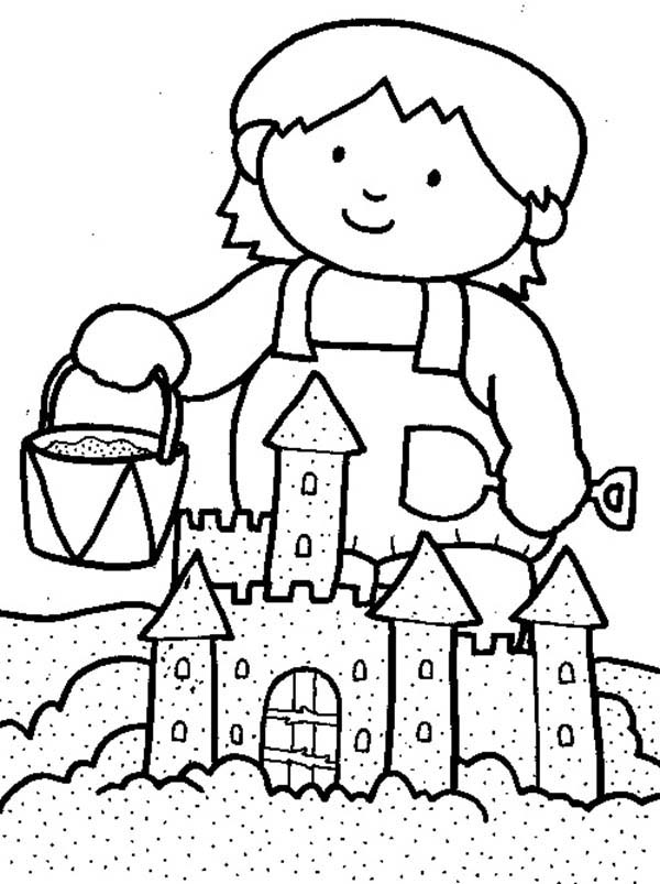 600x803 Kid Playing Sand Castle On The Beach Coloring Page