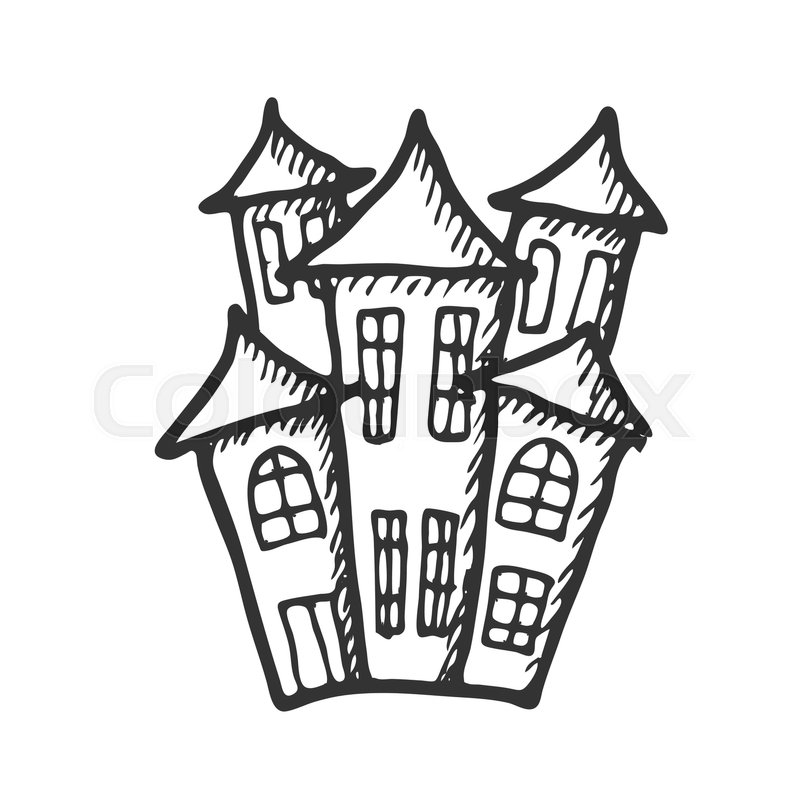 800x800 Hand Drawn Doodle Halloween Castle. Black Pen Objects Drawing