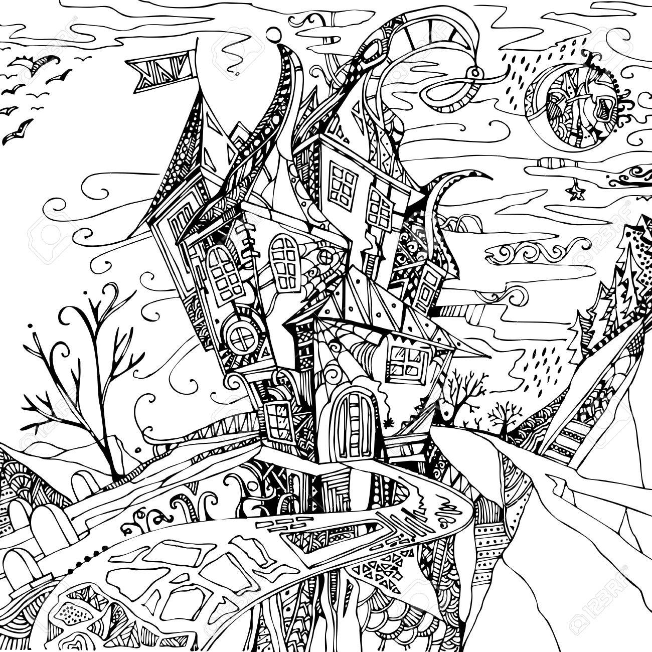 1300x1300 Hand Drawn Fantasy Castle. Black Illustration On White Background