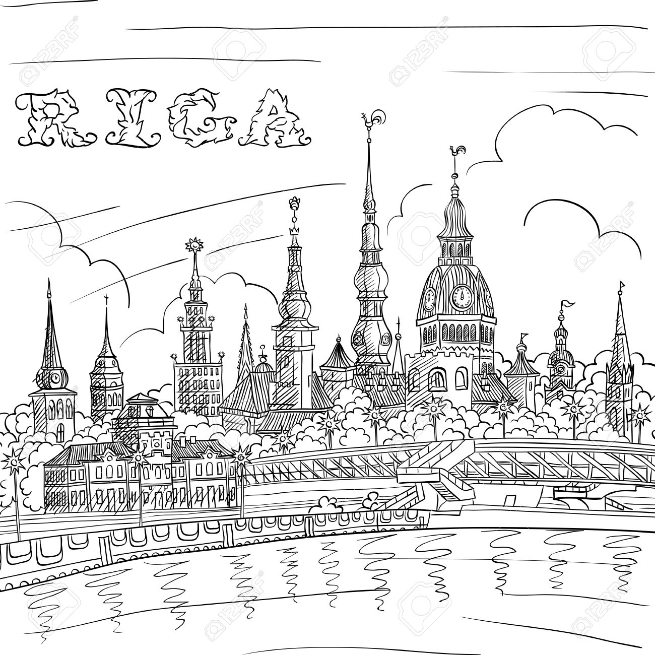 1300x1300 Vector Black And White Hand Drawing, Sketch Of Old Town And River